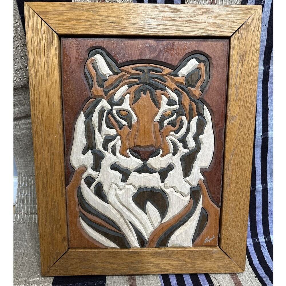 🐅 Vintage Handcrafted 3D Intarsia Tiger Wood Art – Framed & Signed